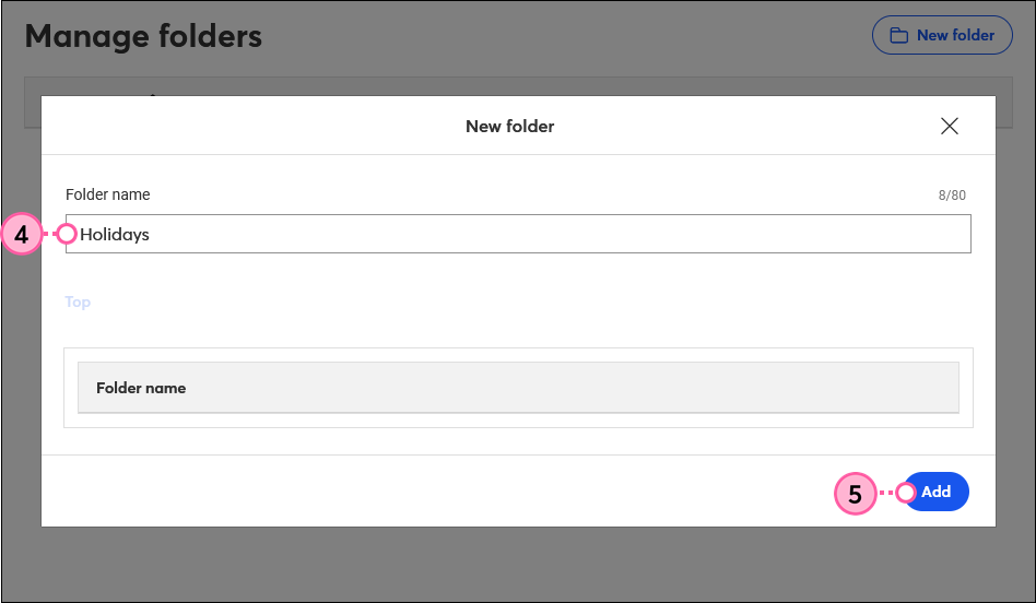 New folder overlay, Folder Name field, and Add button