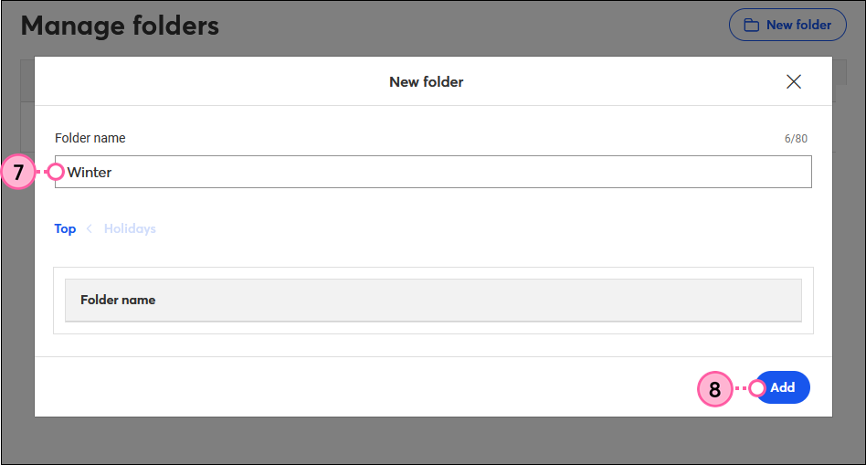 New Folder overlay, Folder Name field, and Add button