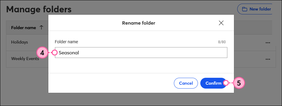 Rename Folder overlay, Folder name field, and Confirm button