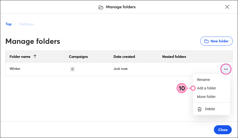 Manage Folders overlay, Sub-folder More drop-down, and Add a Folder option selected