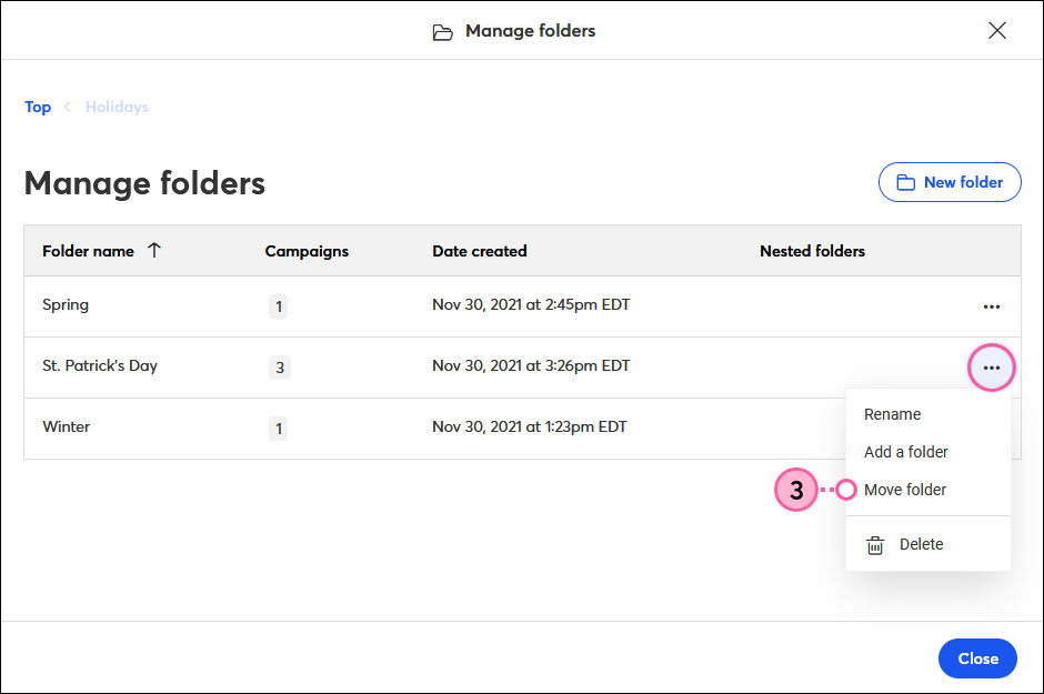 Manage Folders overlay, sub-folder More drop-down, and Move to Folder option selected