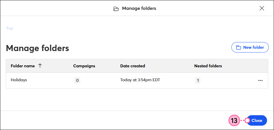 Manage Folders overlay and Close button