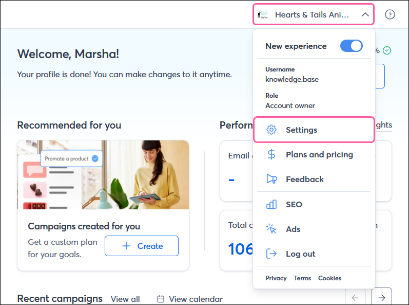 Account drop-down in top-right