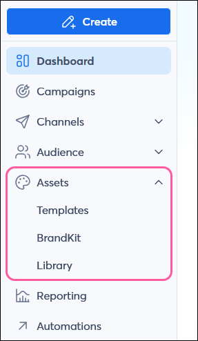 Left navigation with Assets drop-down