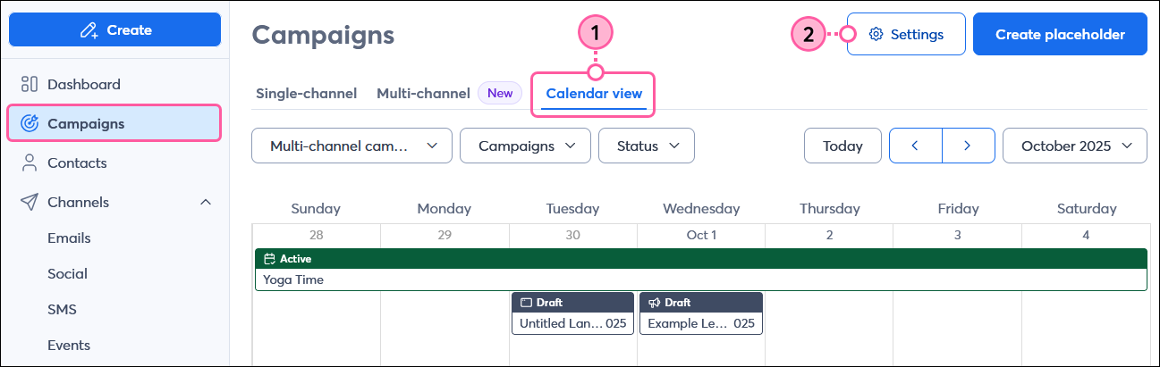 All Campaigns page Calendar View tab Settings Button