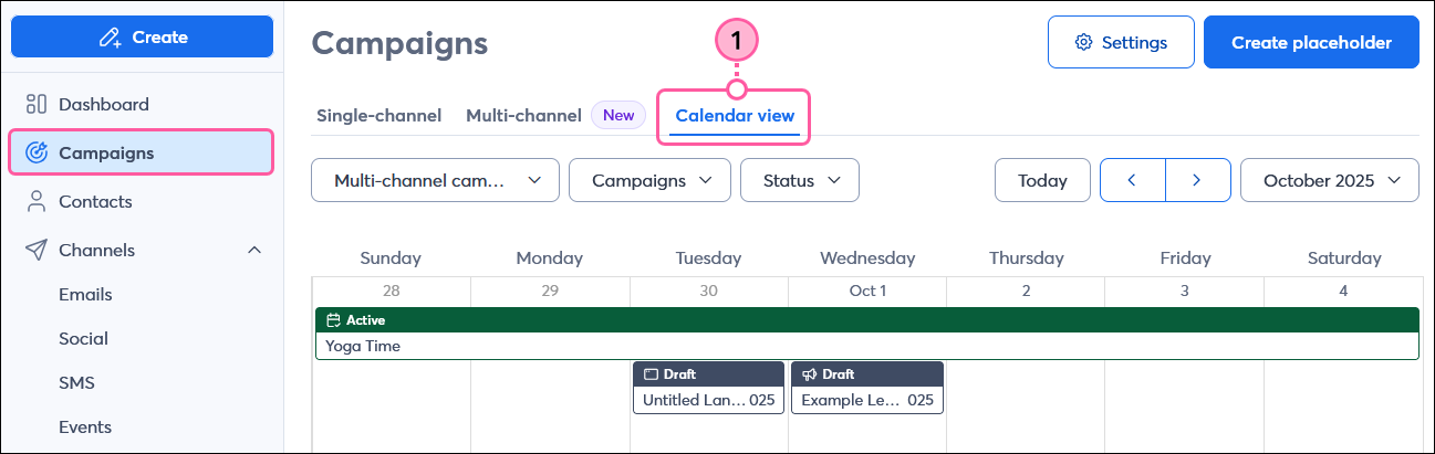 Página All Campaigns (Todas las campañas) y opción Calendar (Calendario)