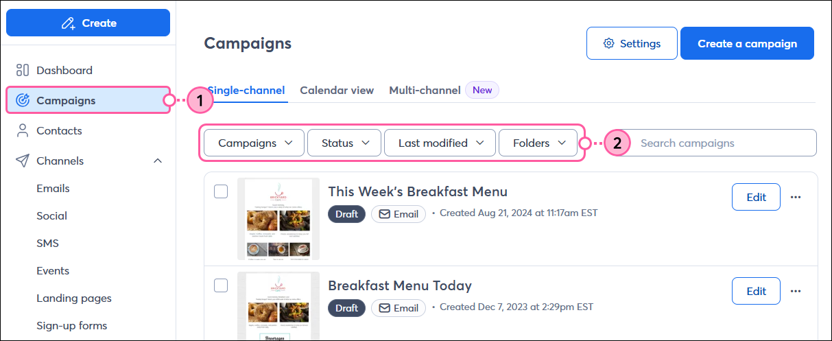 Left navigation menu with Campaigns option selected and campaign filters Channels dropdown with Email option