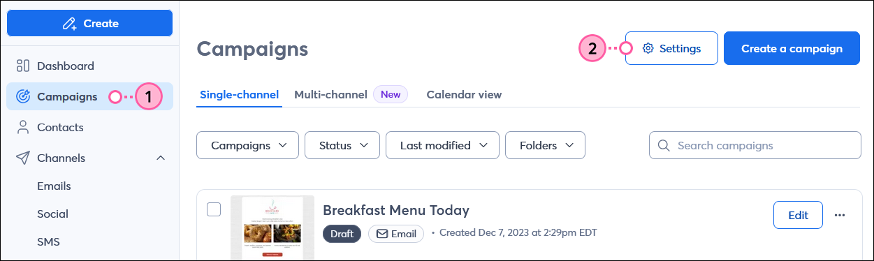 All Campaigns Tab and Settings Button