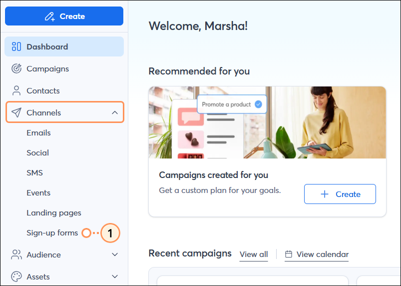 Menú desplegable Channels (Canales) con la opción Sign-up Forms (Formularios de contacto)
