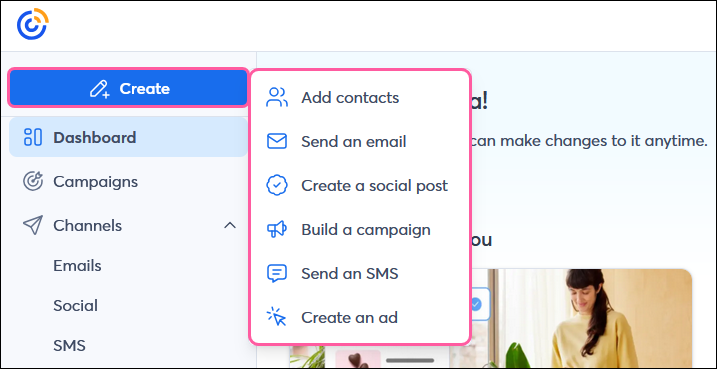 Left navigation with Create button and drop-down