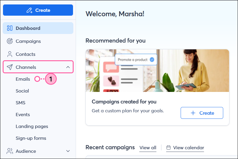 Marketing Channels drop-down with Email option