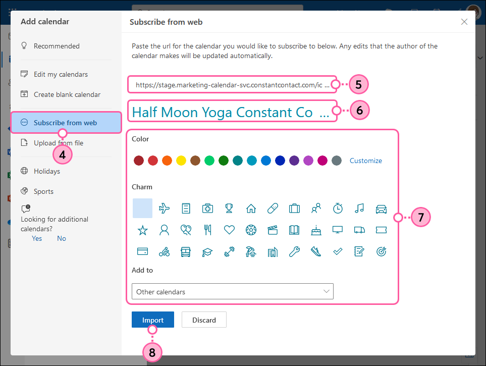 New Internet Calendar Subscription overlay with "Enter the location of the internet calendar you want to add to Outlook" field, and OK button