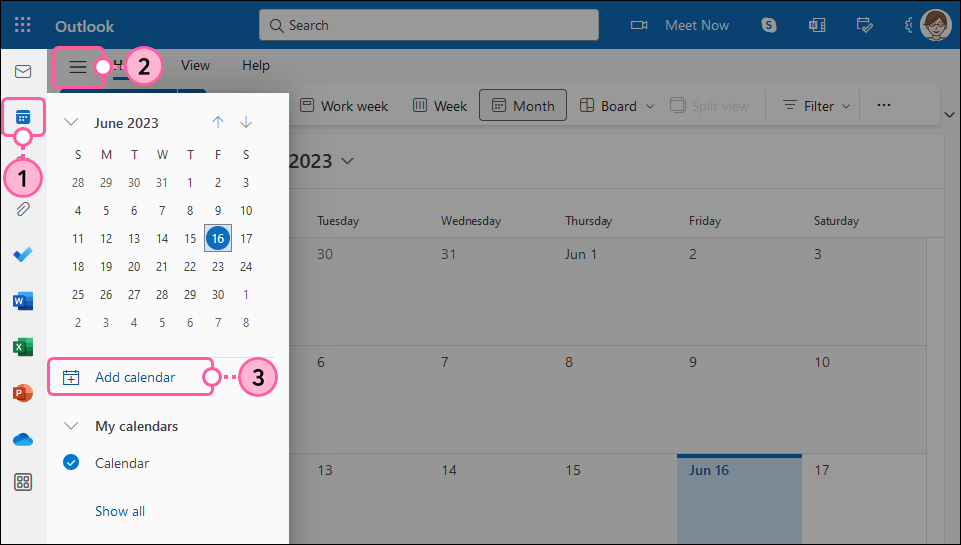 Outlook Home tab with Calendar option selected, and My Calendars section with Other Calendars option