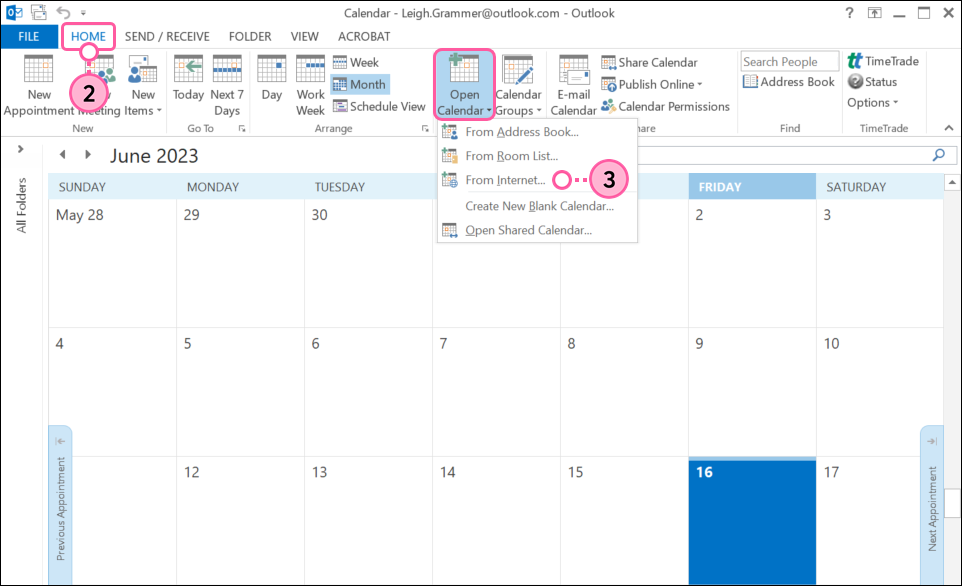 Outlook Calendar, Home tab, Open Calendar menu expanded, and From Internet option selected