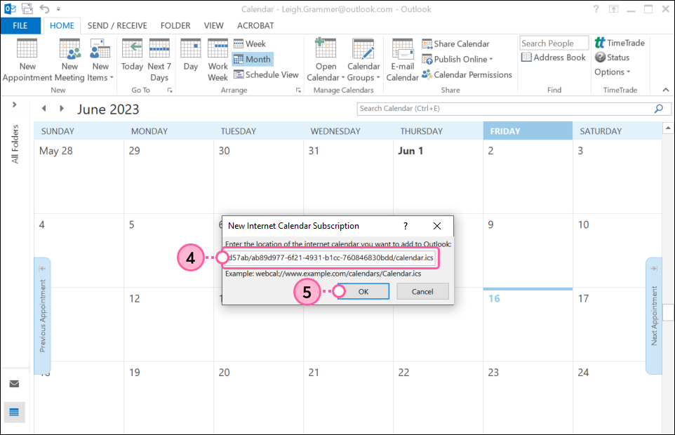 Outlook Calendar, New Internet Calendar Subscription overlay, calendar URL field, and OK button