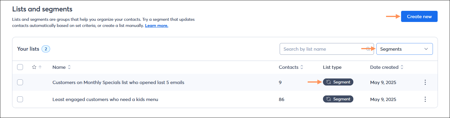 Lists and segments page with List type drop-down menu and Segments option selected, and Create button