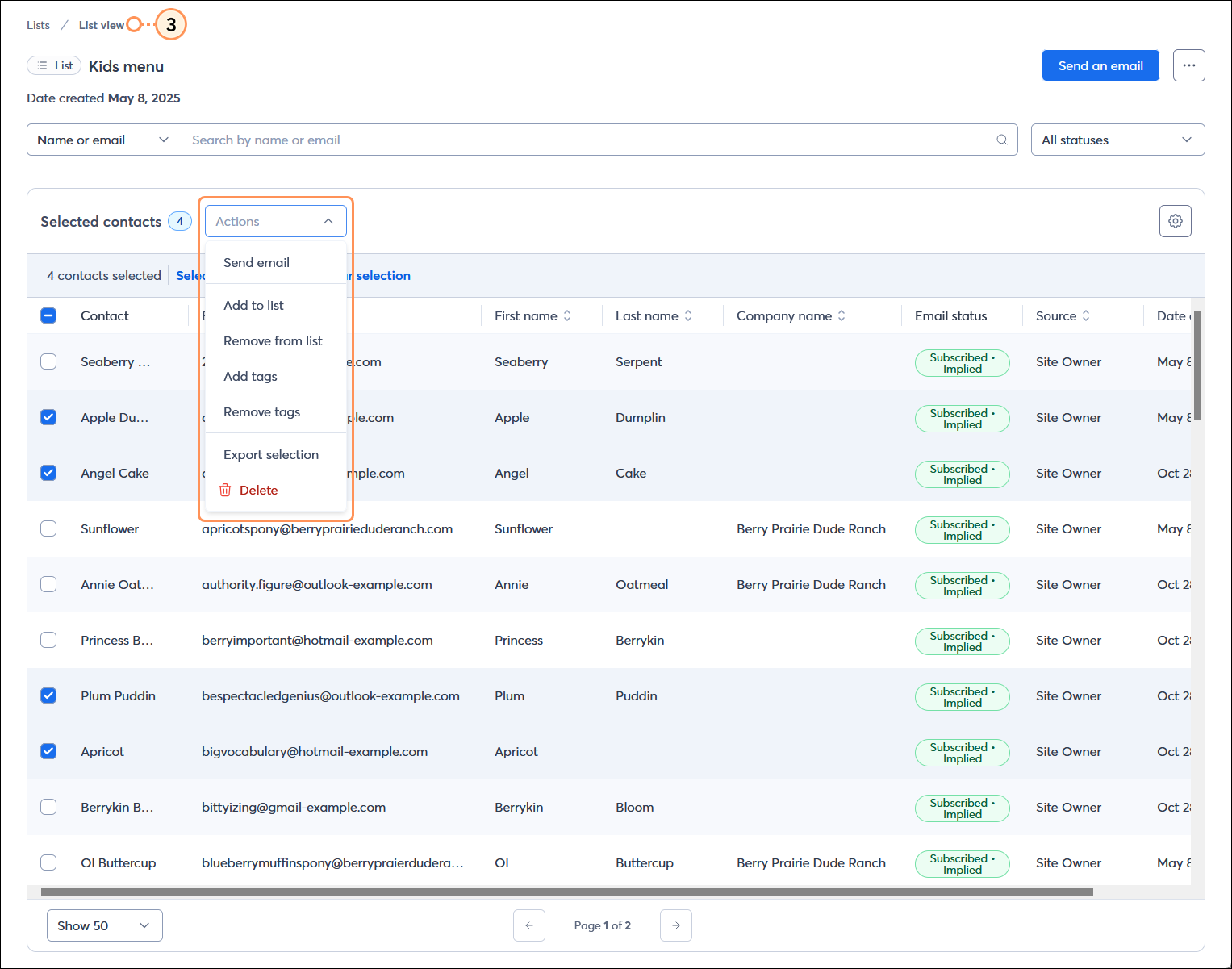 List view page with multiple contacts selected and Actions menu expanded with Send email, Add to list, Remove from list, Add tags, Remove tags, Export selection, and Delete options