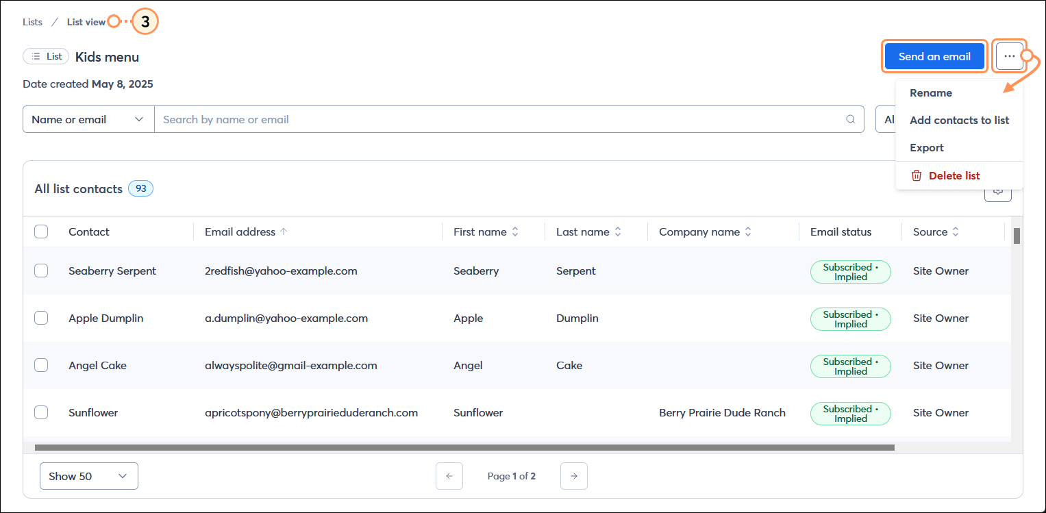 List view page with Send and email button, and Menu button with drop-down menu expanded and Rename, Add contacts to list, Export, and Delete list options