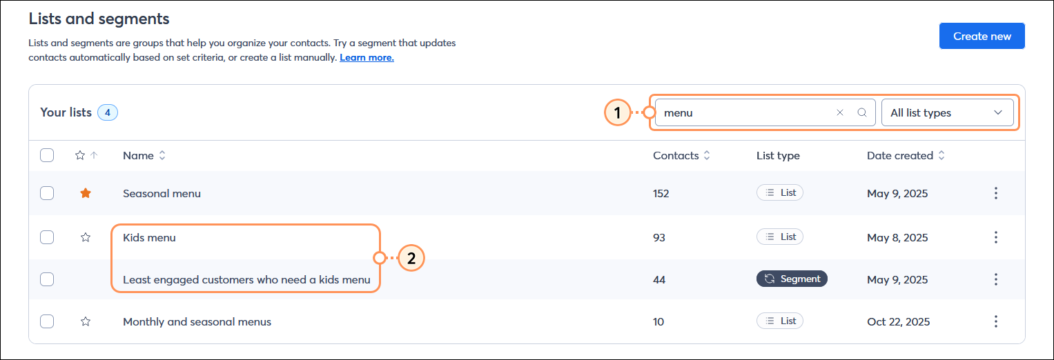 Lists and segments page with Search field, search results, and list name and segment name