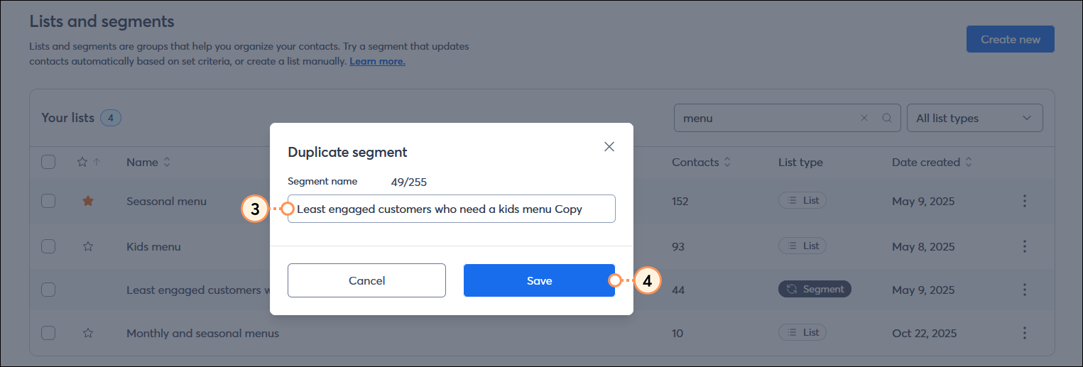 Duplicate segment overlay with Segment name field and original segment name with Copy at the end, and Save button