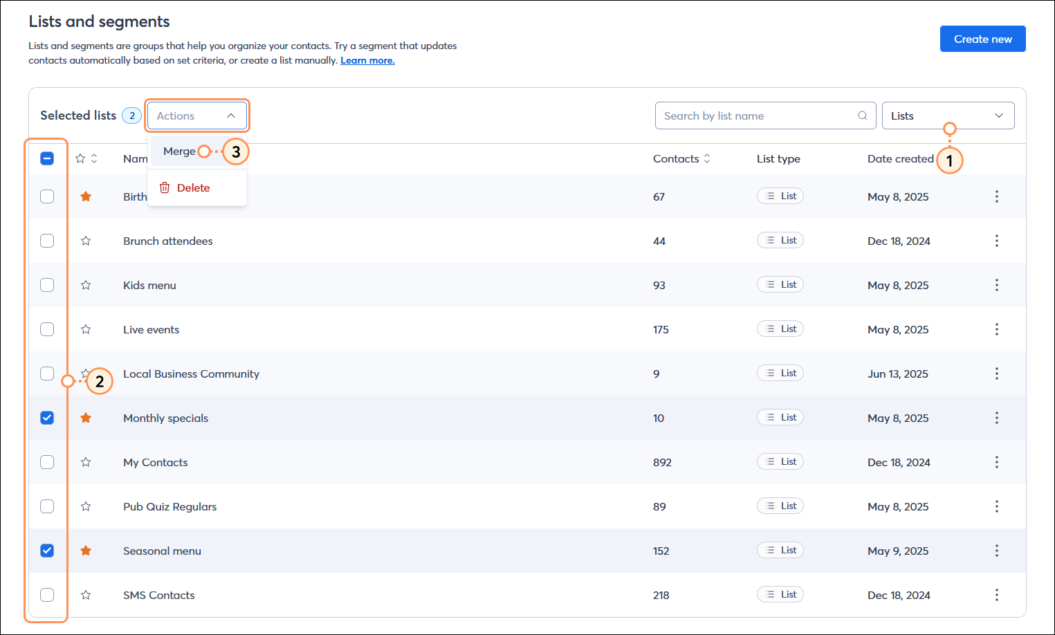 Lists and segments page with List type drop-down menu with Lists option selected, Lists table with multiple lists selected, and Actions menu expanded with Merge option selected