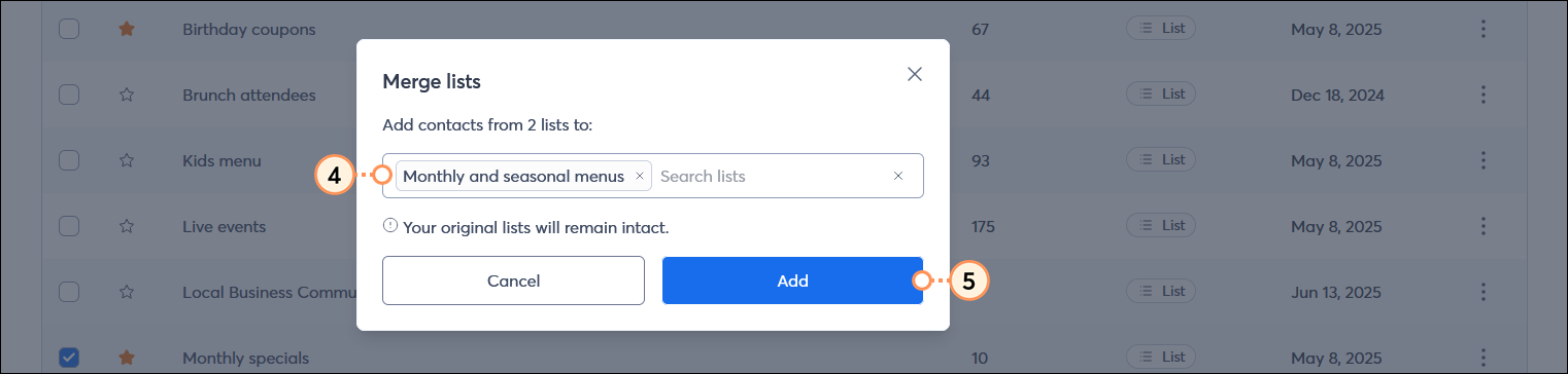 Merge lists overlay with Lists options drop-down menu, and Add button