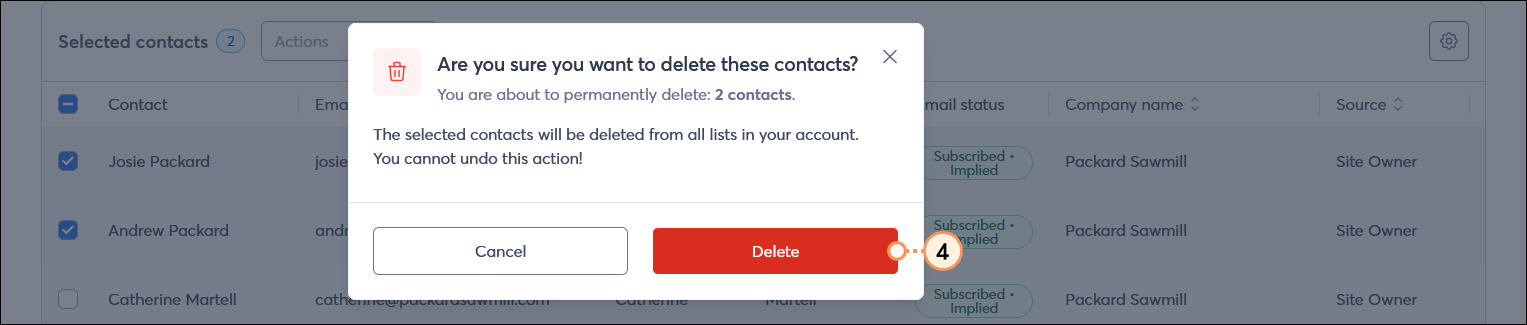 Are you sure you want to delete these contacts overlay with Delete button