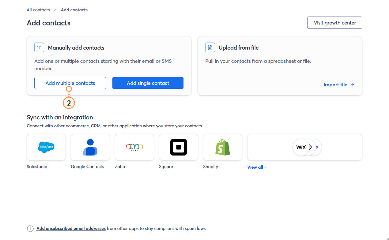 Add contacts page with Manually add contacts section and Add multiple contacts button