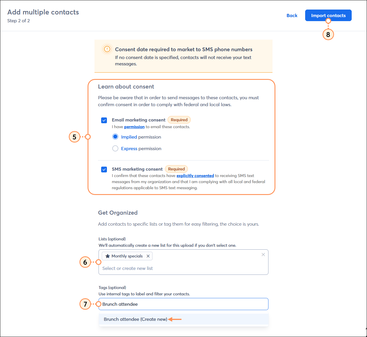 Add multiple contacts page with Email marketing consent options with advanced email permissions enabled, Lists options, Tag options, and Import contacts button