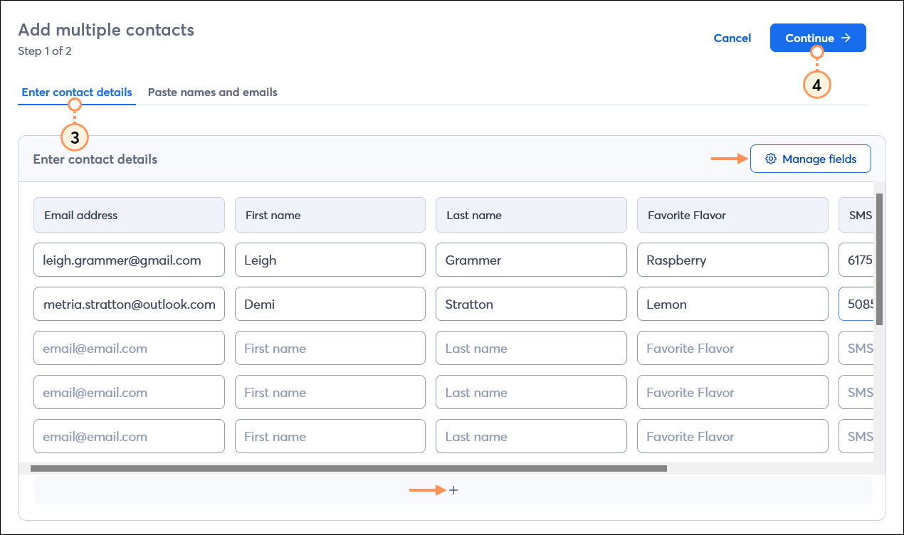Add multiple contacts page with Enter contact details selected, Contact details table with contact information entered, Manage fields button, and Add new field button, and Continue button