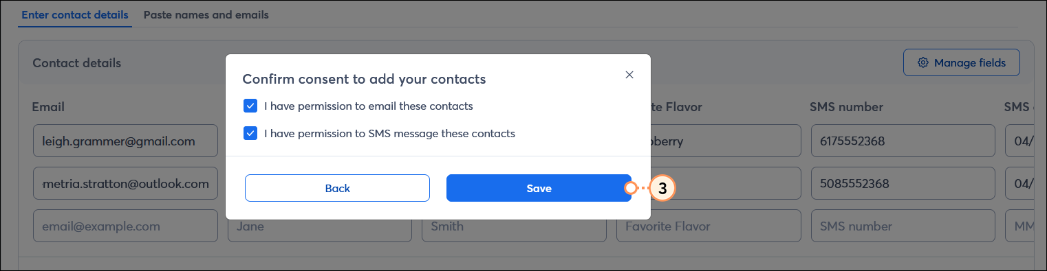 Confirm consent to add your contacts overlay with I have permission to email these contacts and I have permission to SMS message these contacts options, and Save button
