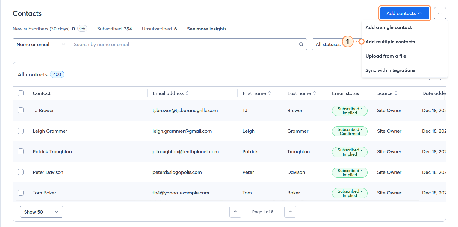 Contacts page with All contacts table and Add contacts button menu expanded with Add multiple contacts option selected
