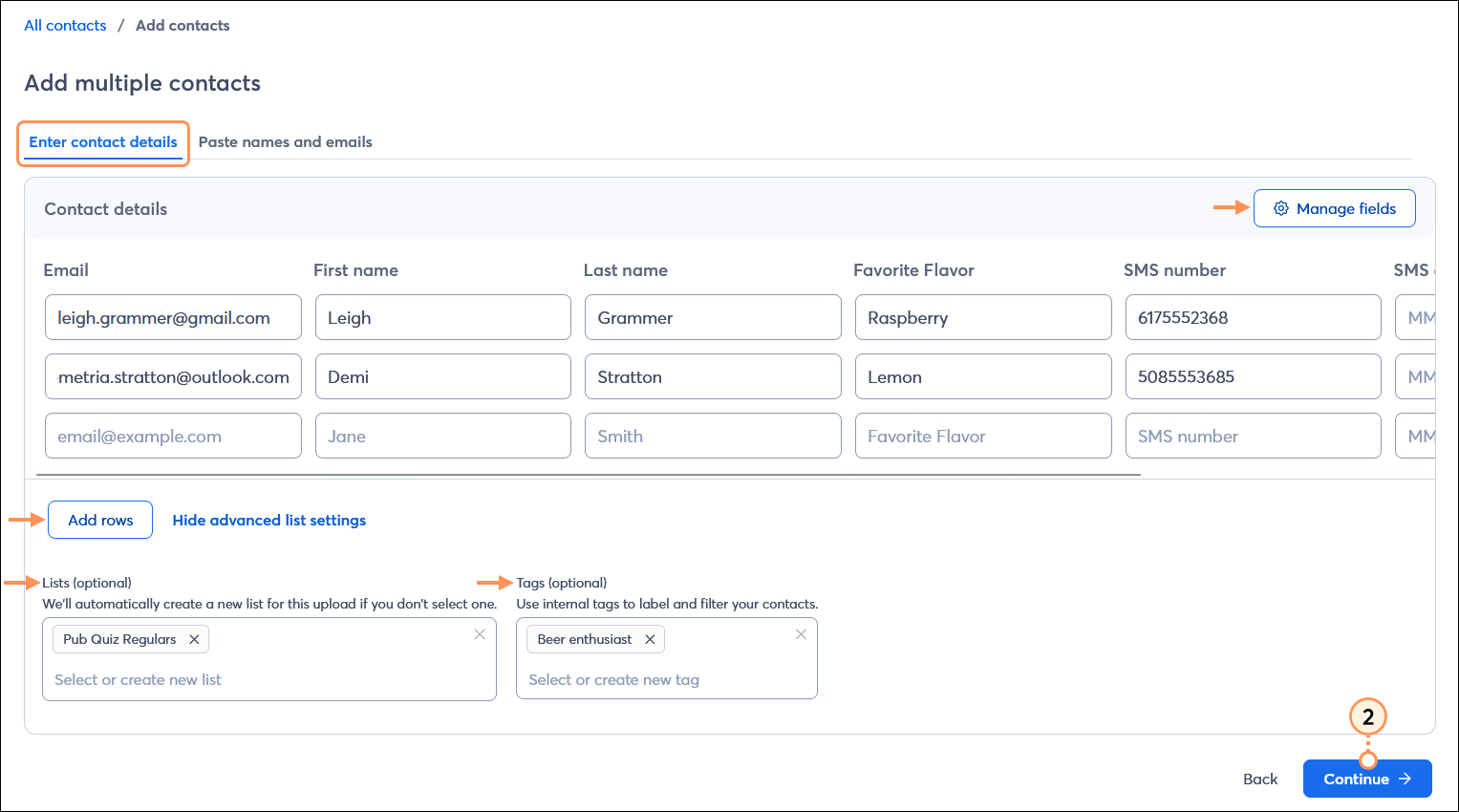 Add multiple contacts page with Enter contact details selected, Contact details table with contact information entered, Manage fields button, and Add new field button, Advanced list settings expanded with Lists and Tags options displayed, and Continue button
