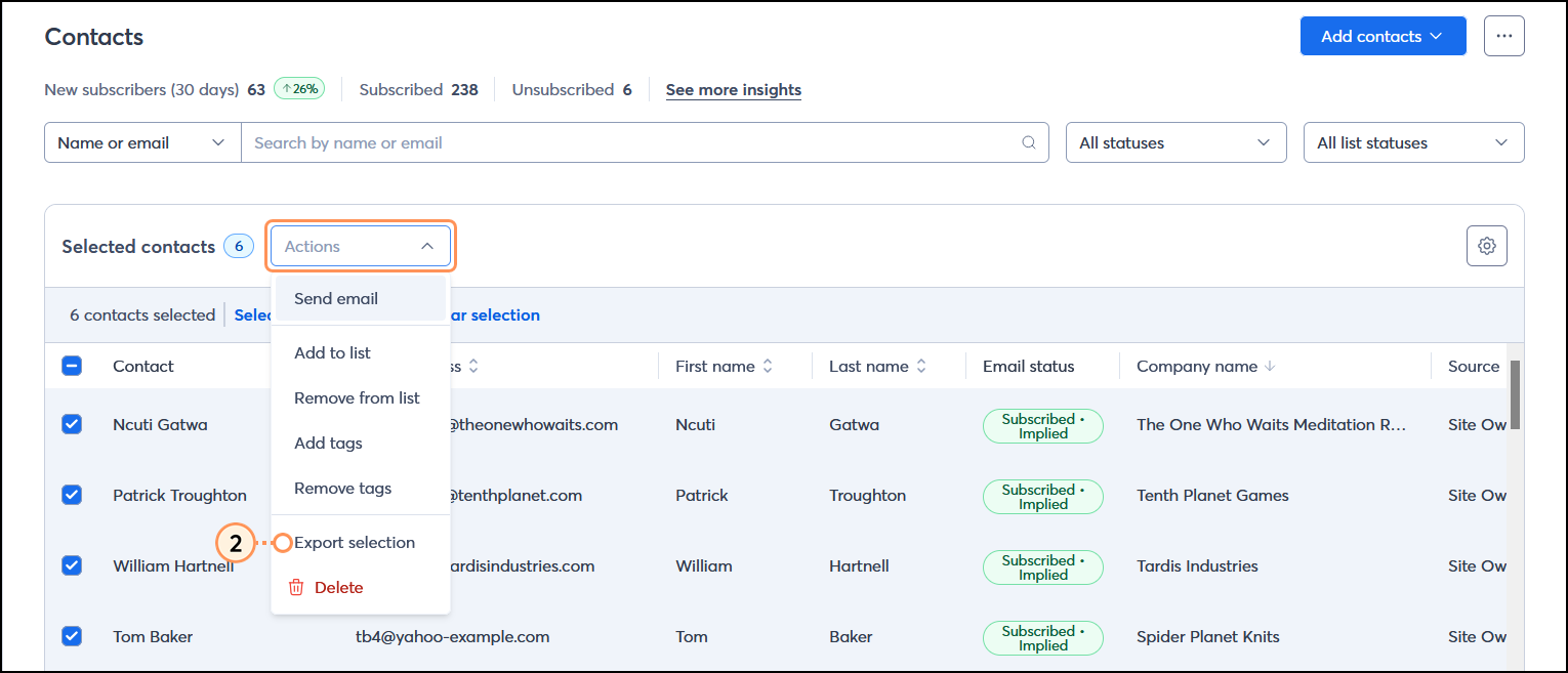 Contacts page with All contacts table and multiple contacts selected, and Actions drop-down menu expanded with Export selection option selected