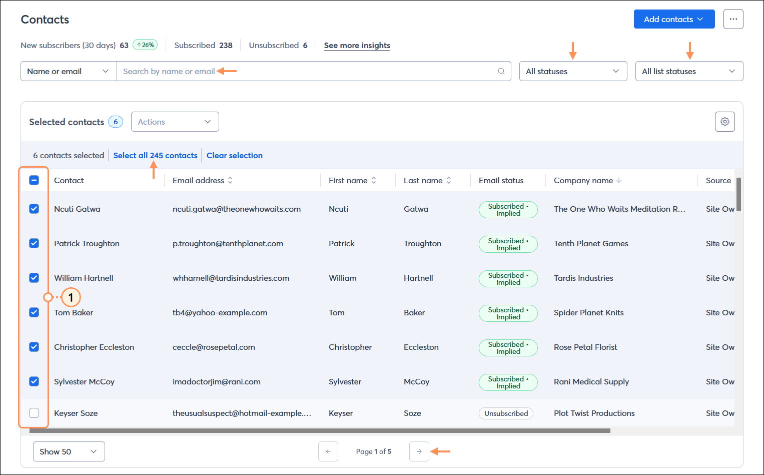 Contacts page with All contacts table and multiple contacts selected, Search field, All statuses drop-down menu, and All list statuses drop-down menu, and page options