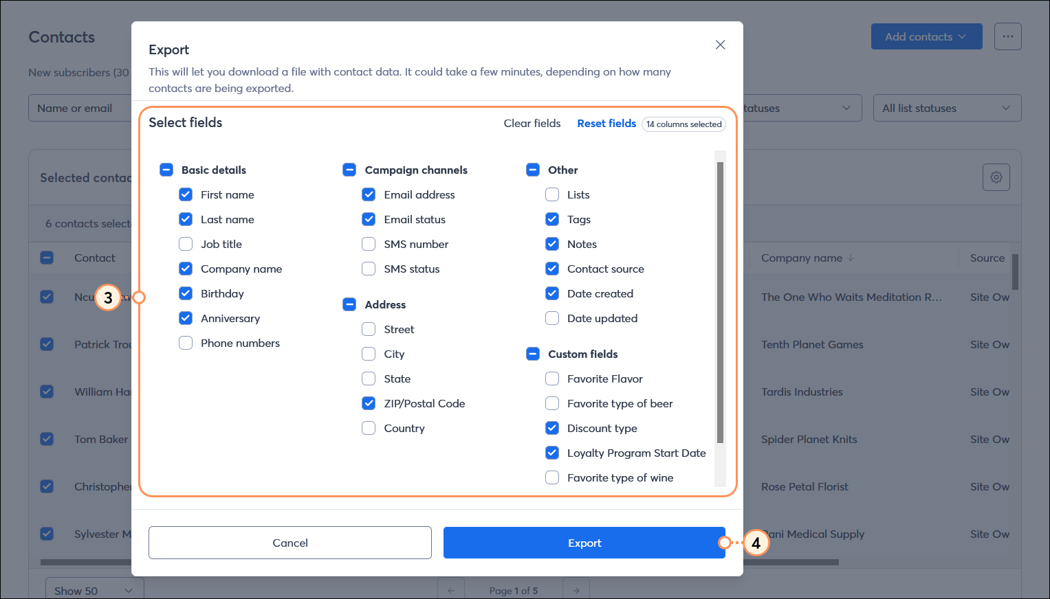 Ventana superpuesta Export (Exportar), opciones de información de contacto y botón Export (Exportar)