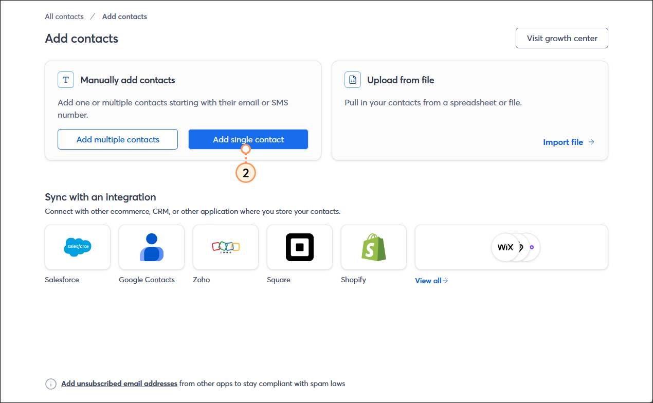 Add contacts page with Manually add contacts section and Add single contact button