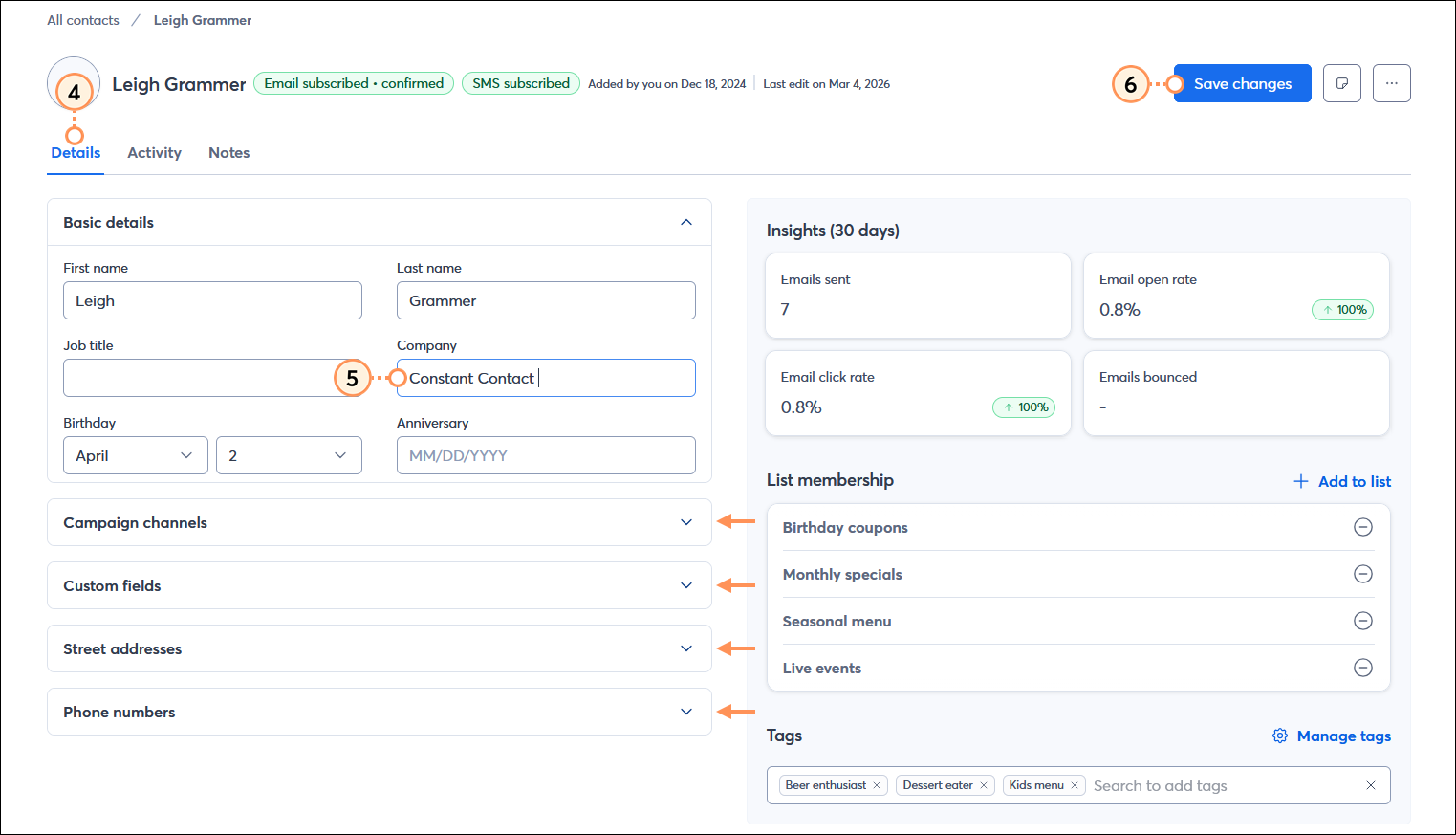 Contact record with Details tab selected, Basic details section expanded with editable field, Campaign channels expanded, Tags section expanded, Custom fields, Street addresses, and Phone numbers sections collapsed with expand controls, Insights section, and List membership section, and Save button