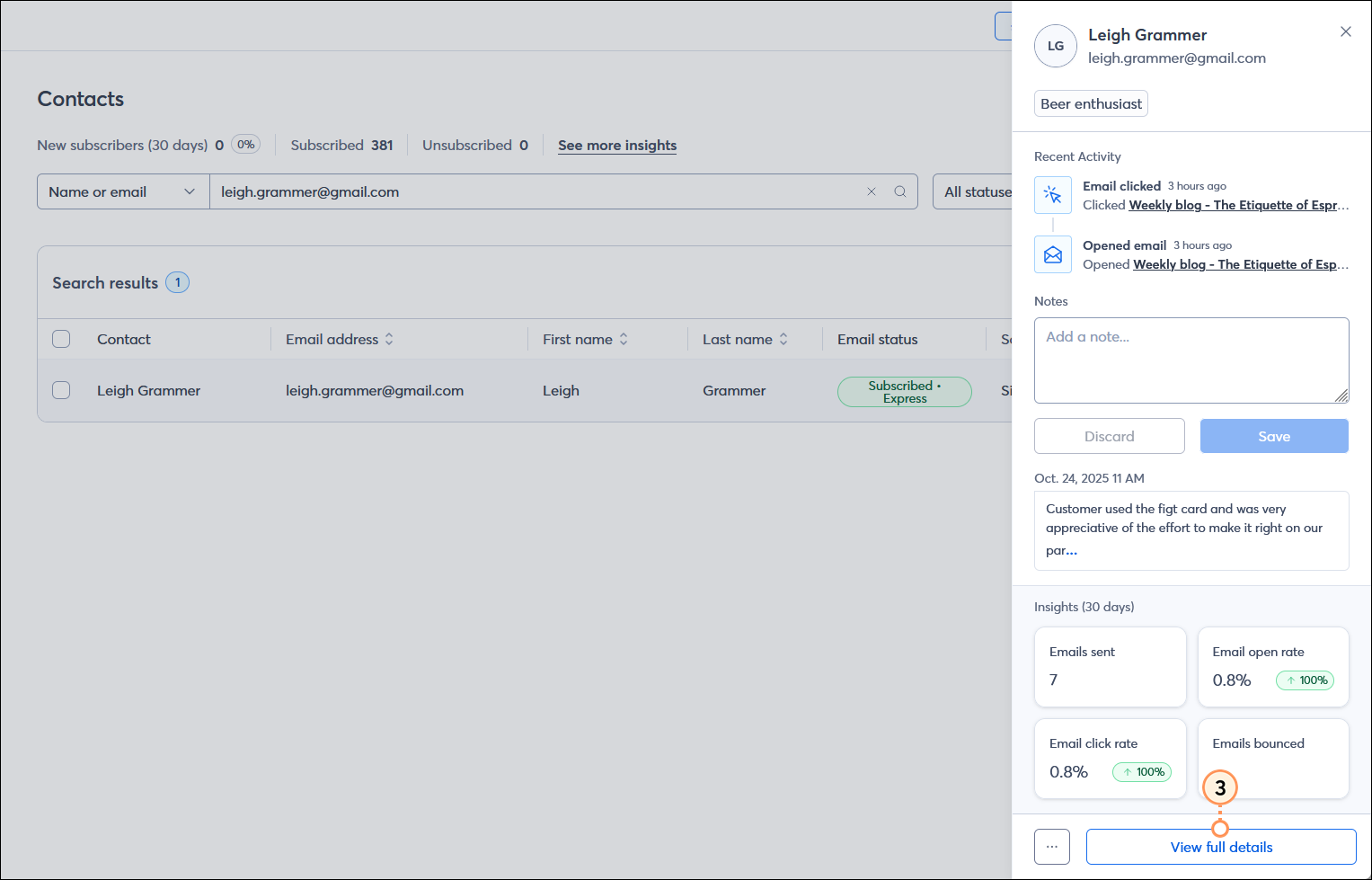 Contact Details overlay with Details tab selected, Campaign channels, Basic details, Lists, and Tags information, and Edit Contact button