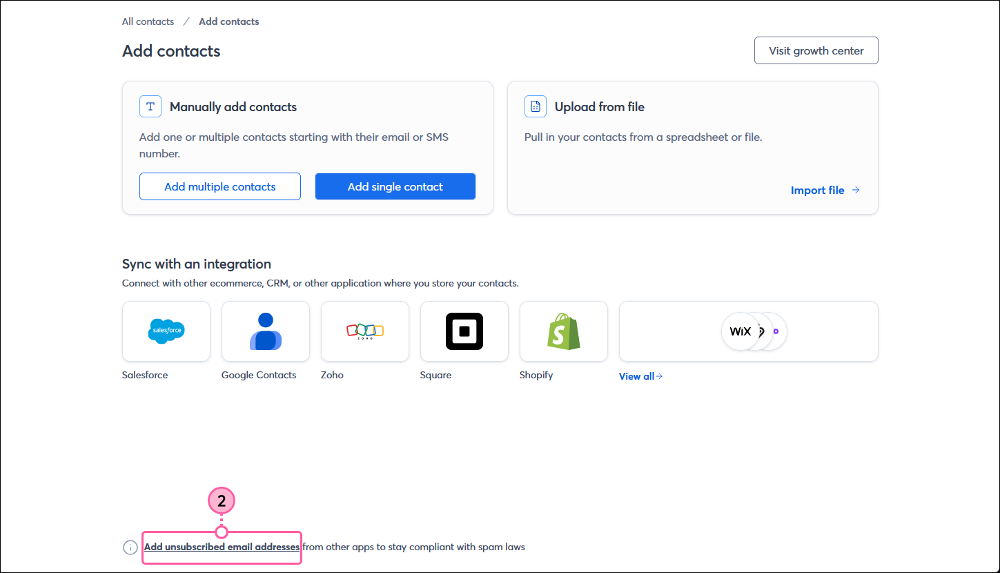 Add contacts page with Add unsubscribed email addresses link