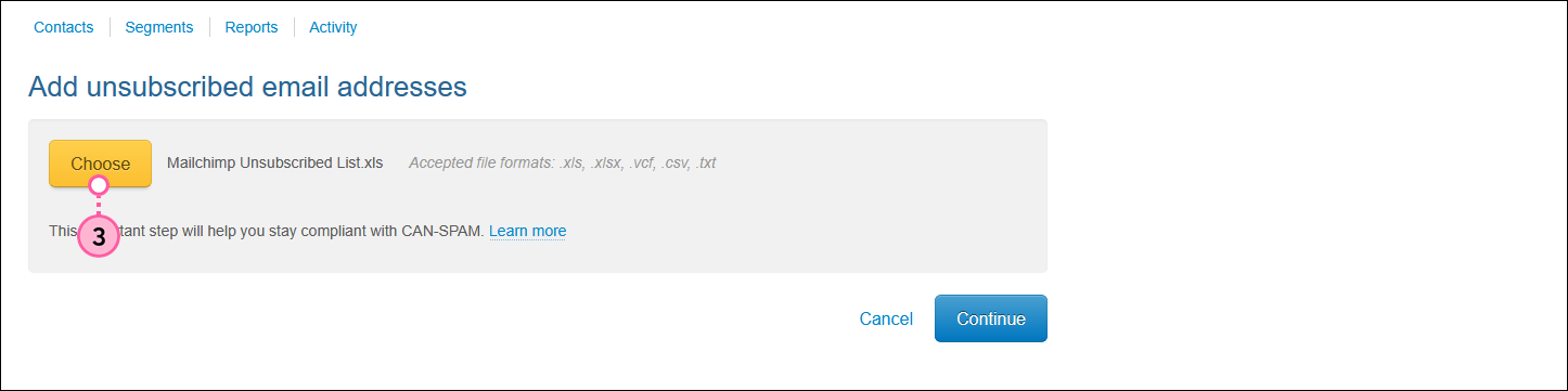 Add unsubscribed email addressses page with Choose button