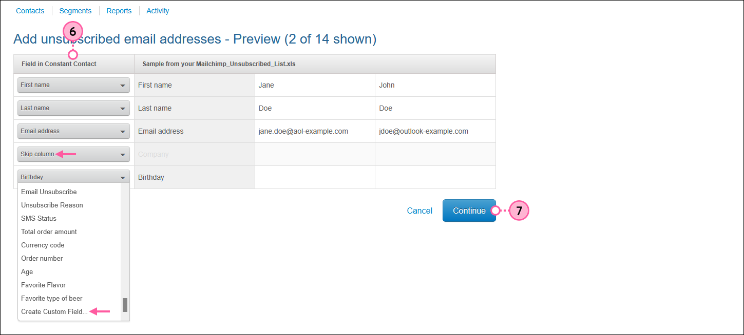 Add unsubscribed email addresses Preview page, fields in Constant Contact heading options with Skip column option selected and Create Custom Field option, and Continue button