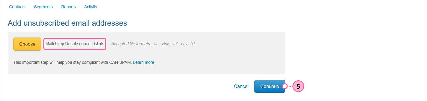 Add unsubscribed email addresses page with file selected, and Continue button