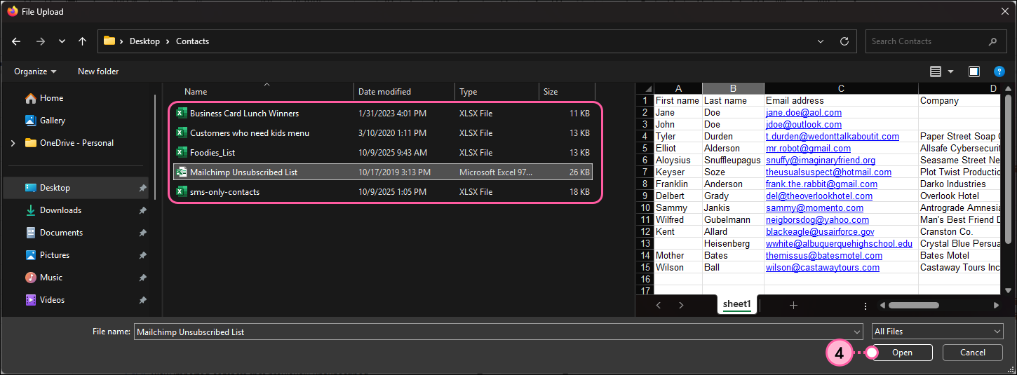 File explorer with unsubscribed contact list file selected and Open button