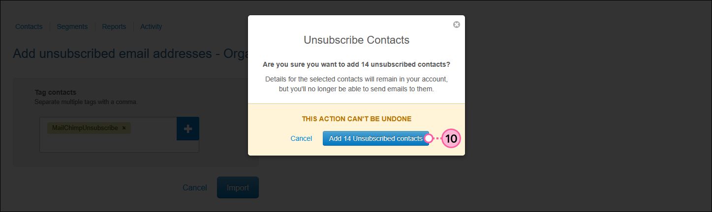 Unsubscribed Contacts overlay and Add # Unsubscribed contacts button