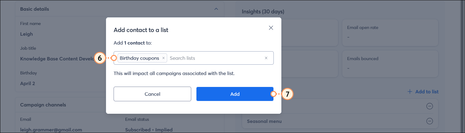 Add contact to a list overlay with list field and list selected, and Add button