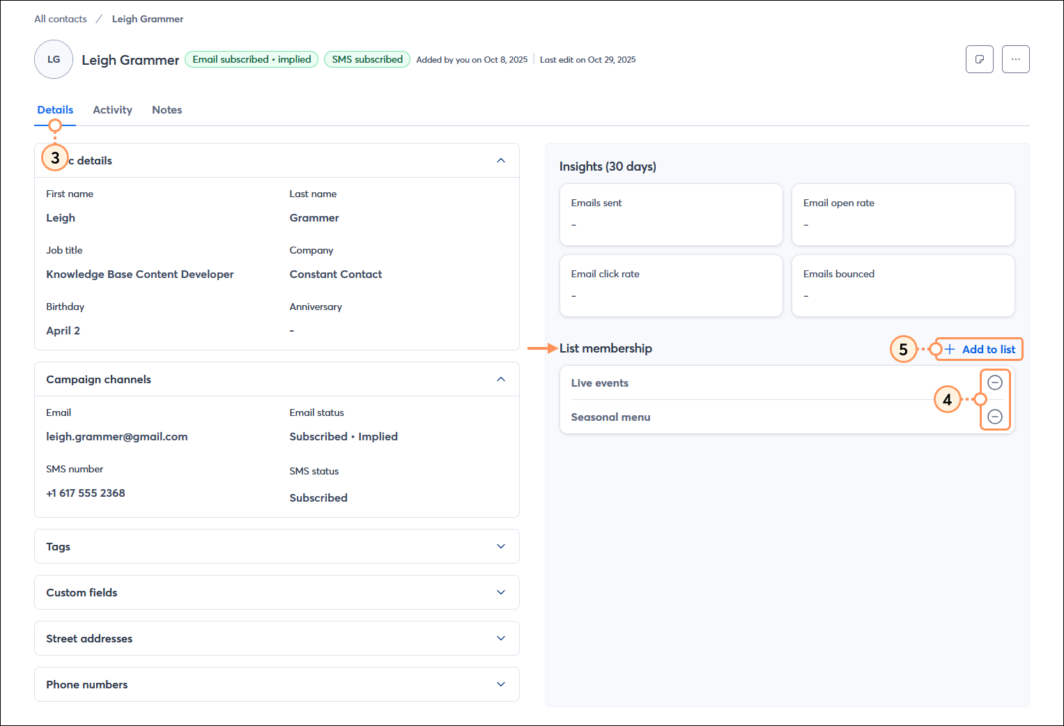 Contact record with Details tab selected, List membership section with existing lists and Remove options, and Add to list option