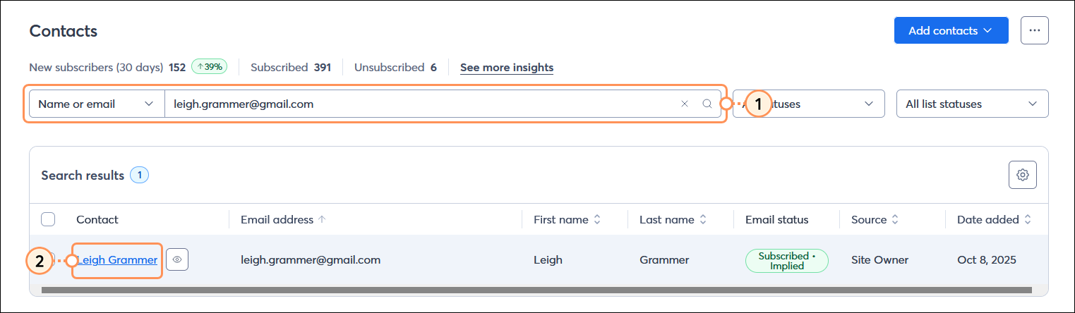 Contacts page with Search field and email address entered, search results with contact name highlighted and Preview button visibile
