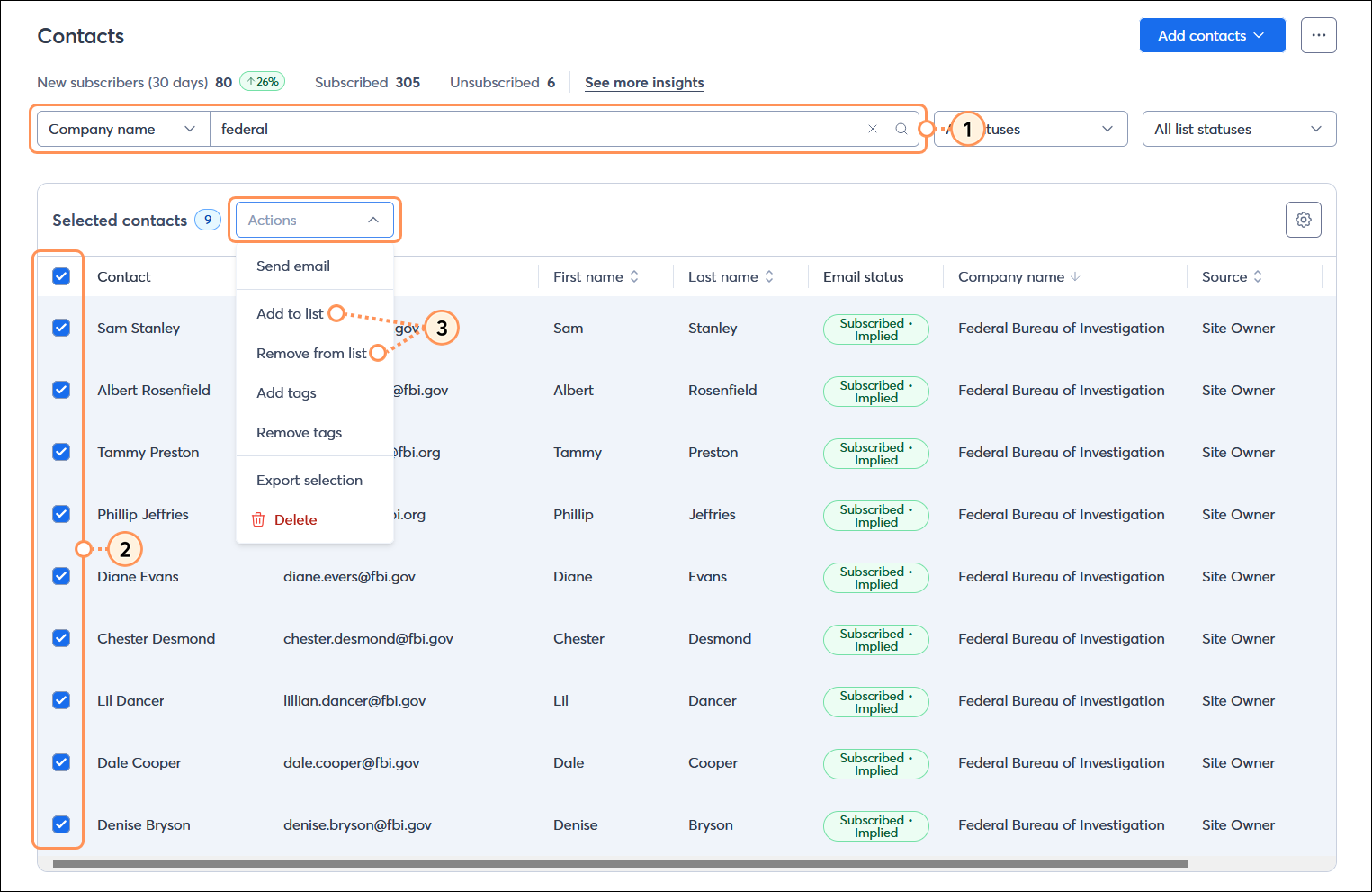 Contacts page with Search field and search results, multiple contacts selected, and Actions drop-down menu expanded with Add to list and Remove from lists options