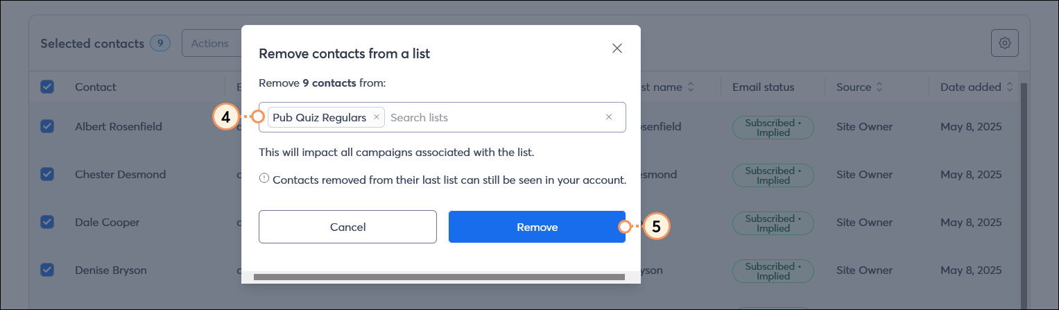 Remove contacts from a list overlay with list selected and Remove button